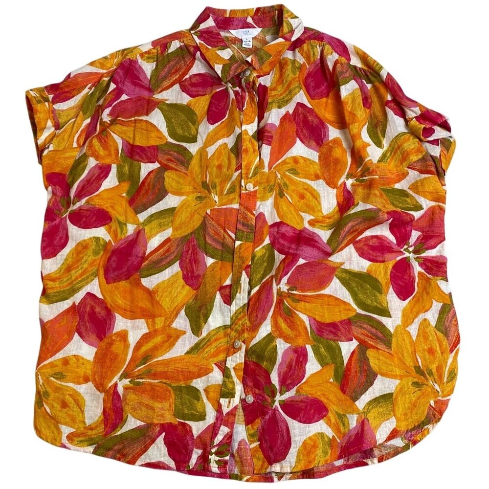 Time And Tru Womens Blouse Large Orange Floral Button Front Casual Boho Collared